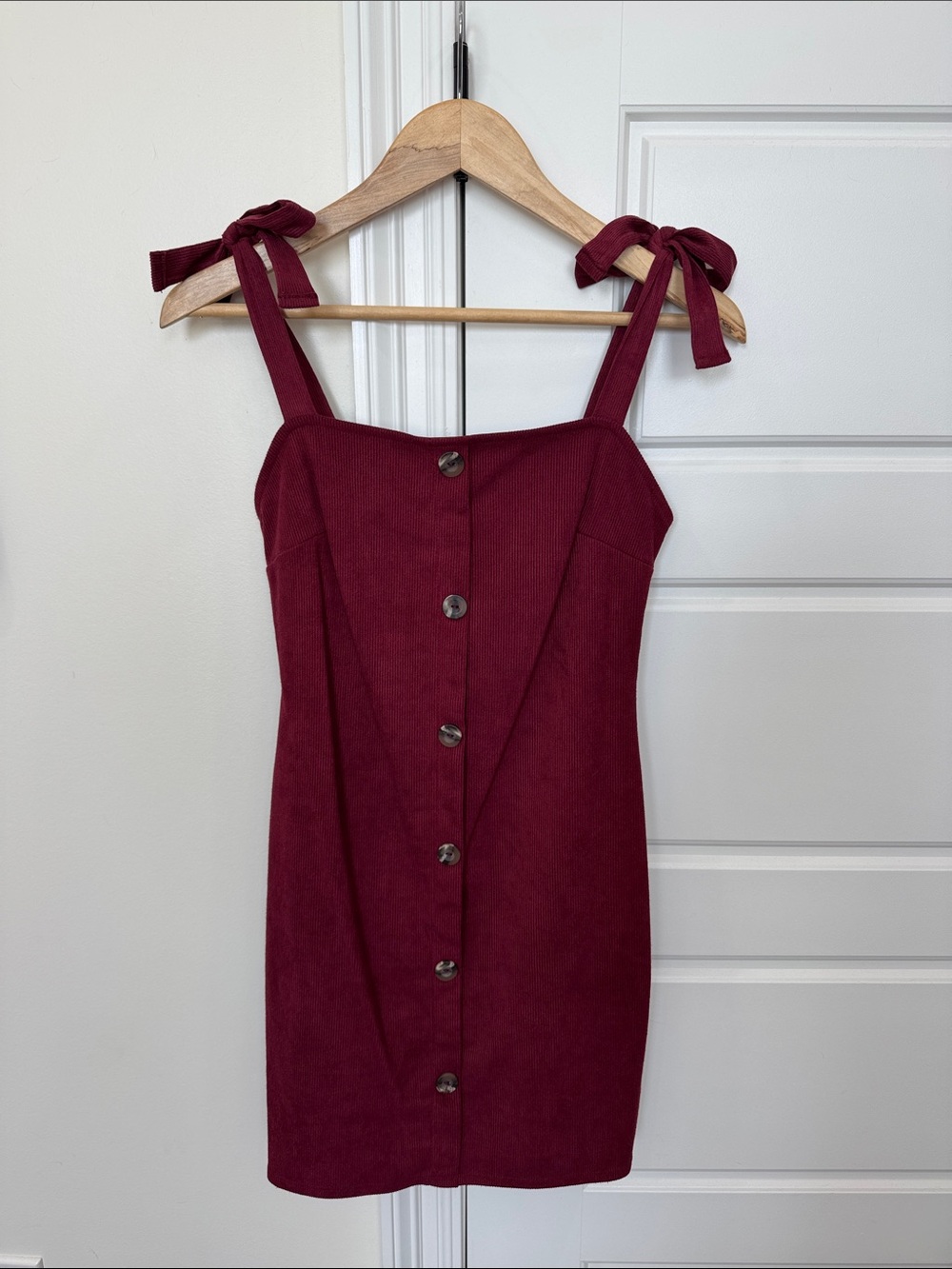 NEW Blue Blush Burgundy Delicate Corduroy Dress Tie Shoulders Button Wine Maroon